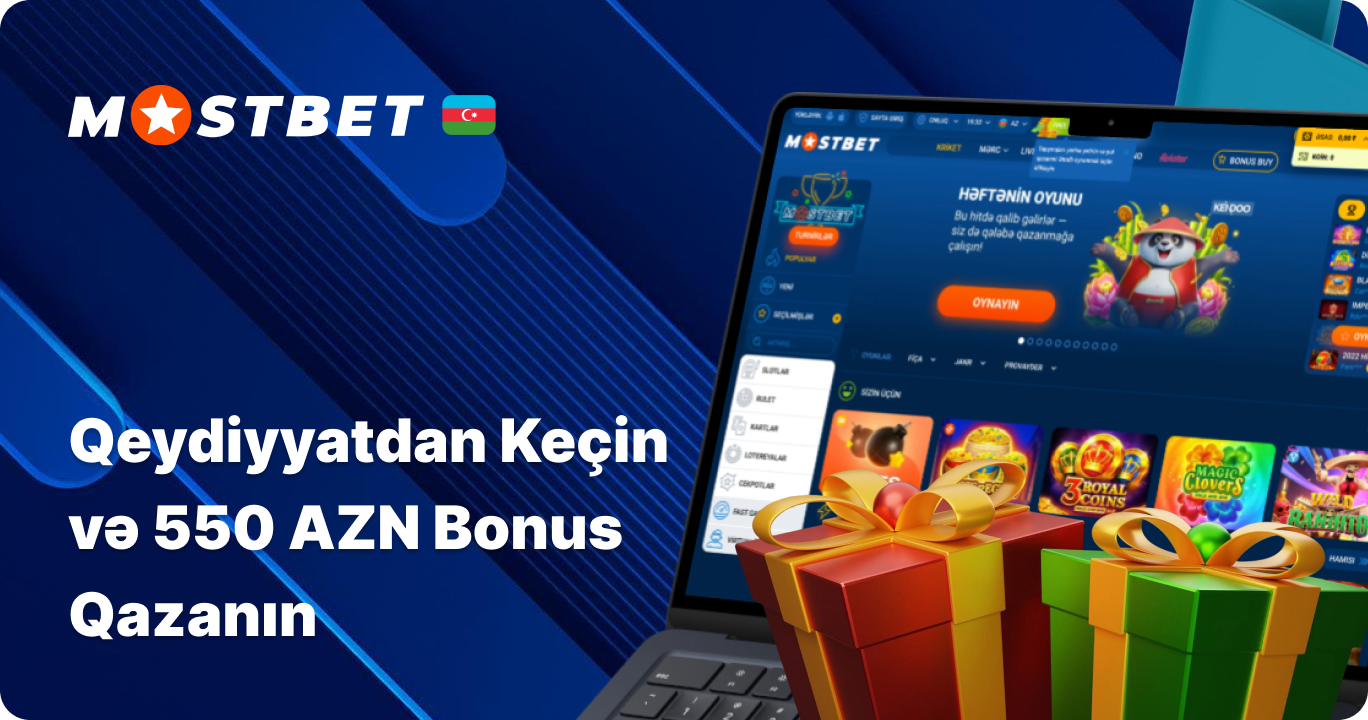 Mostbet AZ saytında qeydiyyatdan keçən yeni oyunçular üçün nəzərdə tutulmuş 550 AZN dəyərində xoş gəldin bonusu və pulsuz fırlanmalar qrafikası.